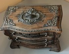 Antique Wood   Ornate Metal Applique Blue Velvet 3 Drawer Jewelry Box Gorgeous