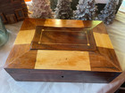 Antique Two Toned Inlay 2 Tier Wooden Sewing Box  11 w  X 8 h  X 3 5  H