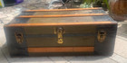 Antique Steamer Trunk Chest Leather Brass Storage Coffee Table Wood Metal