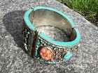 Tibetan Silver Nepal Bracelet Turquoise Lapis Coral Ethnic Bangle Hinged Cuff
