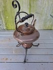 Vintage Arts And Crafts Copper   Brass Spirit Kettle With Wraught Iron Hanger