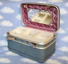 Vintage Boyle Hard Train Cosmetic Travel Case W Tray Blue W Purple Interior