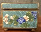 Chinese Cloisonne Box  Blue Back Round Floral  Brass Trim Footed Hinged 3x 4 5