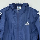 Adidas Youth Windbreaker Jacket Large 14-16 Navy Blue Hooded 3 Stripe Full Zip