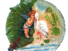 Antique Victorian Painted Bronze Card Jewelry Coin Pin Tray   Cupid   Stork