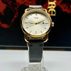 Fossil Womens Date Watch Elegant Gold Tone Case Black Leather Bands New Battery