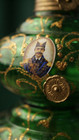 Vintage Emerald Green Glass Oil Lamp - Hand-painted Gold Details - Historical Po