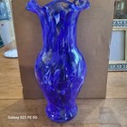 Cobalt Blue   White Swirl Art Glass Vase Ruffled Rim Decorative 11 5 In