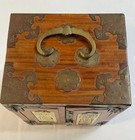 Vintage Chinese Wooden Jewelry Box Carved Jade  Inlay W Brass Hardware 7 h