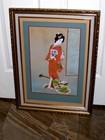 Antique Asian Geisha In Traditional Outfit Old Vintage Painting On Silk Framed
