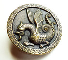 Large Antique Brass Dragon Picture Button W  Fleur De Lis Border   1-1 2  38mm