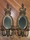 Antique Pair Brass Pagoda Mirror Wall Sconce Dual Candle Holder Chinoiserie 20 