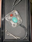 Vintage Navajo Sterling Silver Coral Turquoise Bolo Tie  Leather Cord 925  Tips