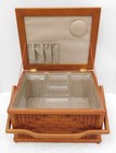 Vintage Large Wooden Basketweave Sewing Basket W handle  Padded Lid   Tray