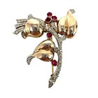 Vtg 1930s Reja Sterling Silver Heart Shaped Leaves Red White Rhinestone Brooch