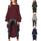 Women s Lantern Long Sleeve Round Neck High Low Asymmetrical Irregular Hem Tops