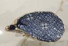 Decoupaged Blue   White Floral Oyster Shell Ring Trinket Dish Jewelry Holder 