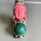Xl Tibetan Indo Buddha Head Coral  Lapis Chrysocolla Silver Boho Sterling Ring