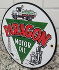 Vintage Paragon Porcelain Sign Old Us Motor Oil Petroleum Truck Gas Pump Plate