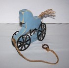 Vintage Blue Painted Wooden Hobby Horse Pull Toy With Metal Wheels