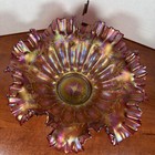 Antique Fenton Amethyst Carnival Glass Ruffled Bowl Hand Painted Gold Enamel 12   