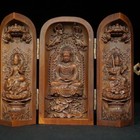 Vintage Japanese Netsuke Old Boxwood Carved Three Open Buddha Box Statue