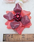 Vintage Frosted Lucite Flower Floral Red Brooch Pin Rhinestone Pink Salmon