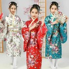 Japanese Printed Sakura Gils Satin Kimono Bathrobe Yukata Haori Obi Dress Robes