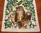 Vintage Retro Kitchen Linen Tea Towel Gorgeous Owls With Piercing Eyes   Flowers