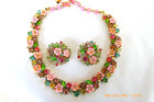 Vtg Bsk Multicolor Rhinestone Lucite Floral Necklace Earrings Set