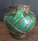 Antique Awaji Grass Green Bamboo Wrapped Japanese Pottery Vase W Handles