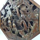 Antique Chinese Hand Carved Wood Panel Village Scene Relief 17x17 Free Shipping