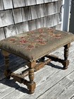 Antique Footstool Turned Wood Legs Needlepoint 17x11x10    Granny Made Shabby Vtg