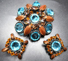Schreiner Signed Blue Rhinestone Copper Fluss Glass Brooch Earring Set