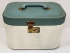 Vintage Teal White Polka Dot Train Case With Mirror Cosmetic Travel Suitcase