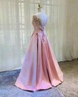 A-line Pink Evening Dresses Women Satin Lace Sleeveless Prom Party Gowns Formal