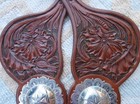Visalia Style Scalloped Edge Domed 2 In  Silver Concho Tooled Spur Straps
