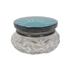 An Art Deco Cut Glass Sterling Silver   Blue Guilloche Enamel Vanity Jar