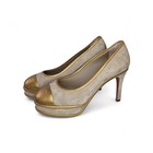 Authentic Chanel Suede   Gold Leather Cap Toe Platform Pumps - Size 37c 