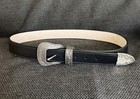 Vintage 90s Western Ranger Belt Size L Black Silver Engraved 3 Piece Buckle Set