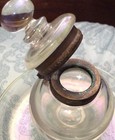 Antique Inkwell   Clear  Glass Reddish purple Tint Noted  Brass Hinged Lid   