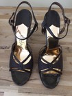 Vintage Shoes 9n Lord And Taylor Black Strappy Gold Sandal Dance Heels Pump