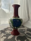 Unique Vintage Cloisonn   Vase Brass Enamel With Carved Cinnabar Neck And Base