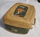 Vintage Woven Wicker Sewing Box Picnic Basket With Raffia Embroidery Italy