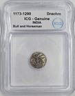 1173-1290 Silver Drachm India    bull   Horseman    Icg Genuine Ancient Coin