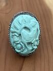 Antique 1940   s Chinese Export Silver Carved Turquoise Filigree Ring Sz 5 75 Adj