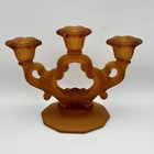 Vintage Pair Of Cambridge Glass Amber Satin Frosted Cleo Keyhole Candleholders