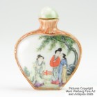 Chinese Famille Rose Porcelain Snuff Bottle  Maidens  Faux Bois  18 19th Century