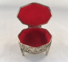 Vintage Filagree Jewelry Box Ornate Casket Coffin Red Velvet Lining Trinket Ring