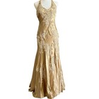 Vtg Sue Wong Nocturne Beaded Silk Champagne Gold Halter Evening Gown Bias Cut